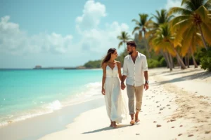Couple de jeunes mariés marchant pieds nus sur une plage tropicale déserte lors de leur voyage de noces