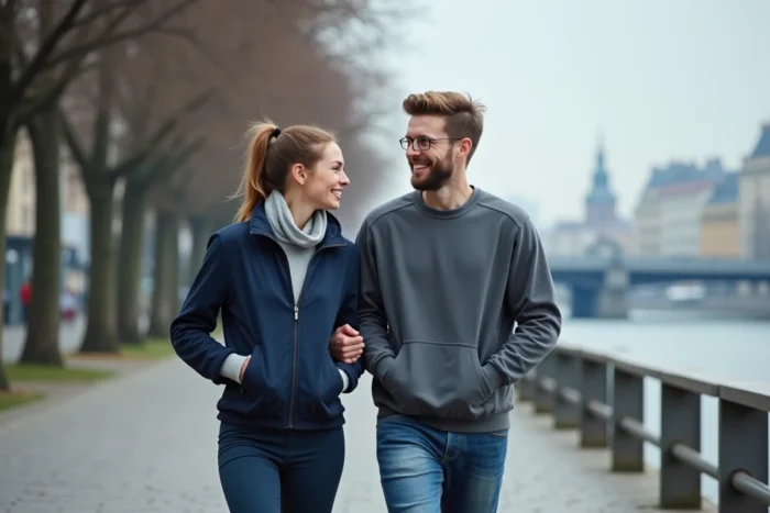 Couple de sportifs se promenant au bord d'une rivière dans une capitale européenne au printemps