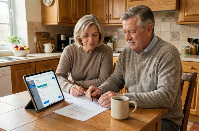 Couple de propriétaires consultant des documents de location et l'interface My Foncia sur tablette dans leur cuisine