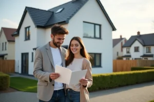 Couple de propriétaires satisfaits devant leur maison neuve construite par Les Nouveaux Constructeurs en 2026