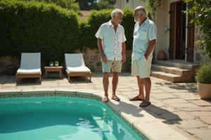 Couple examinant une piscine ancienne à rénover dans un jardin résidentiel