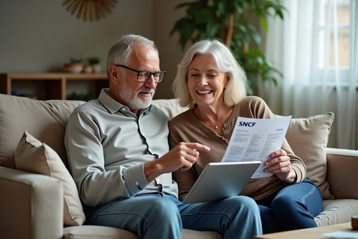 Couple de retraités consultant ensemble un document et une tablette pour récupérer les accès à l'agence famille SNCF