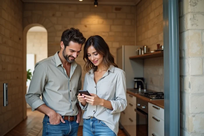 Couple visitant un appartement rénové à Lyon en consultant une plateforme immobilière sur smartphone