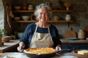 Crêpière bretonne préparant une galette de sarrasin dorée sur un billig en fonte dans une cuisine artisanale en pierre