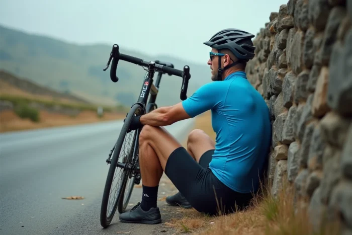 Cycliste assis sur le bord de la route après un malaise et des vertiges, appuyé contre un mur en pierre avec son vélo à côté