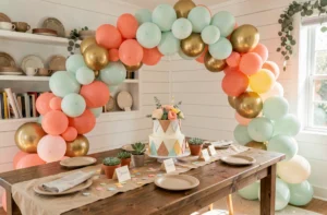 Décoration de table d'anniversaire enfant avec arche de ballons pastel, confettis et gâteau fleuri dans une salle à manger lumineuse