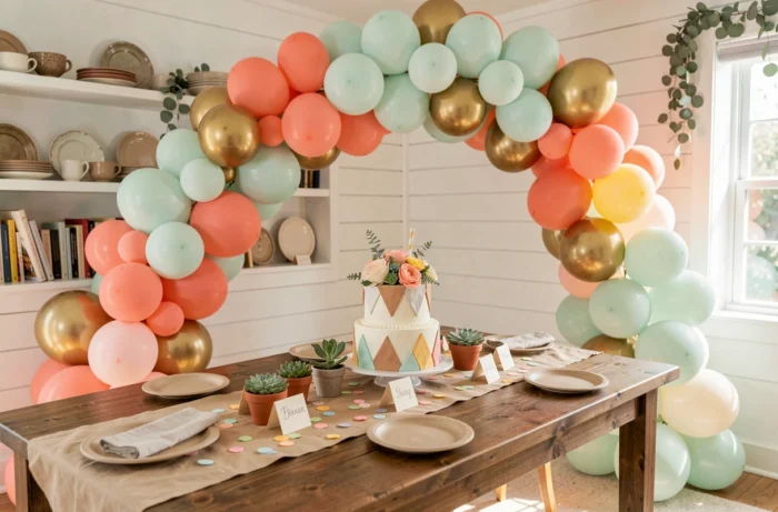 Décoration de table d'anniversaire enfant avec arche de ballons pastel, confettis et gâteau fleuri dans une salle à manger lumineuse
