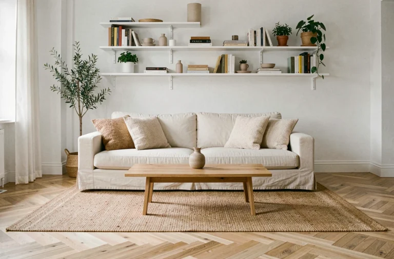 Salon moderne décoré dans un style scandinave avec canapé en lin crème, table basse en chêne et tapis en jute sur parquet à chevrons