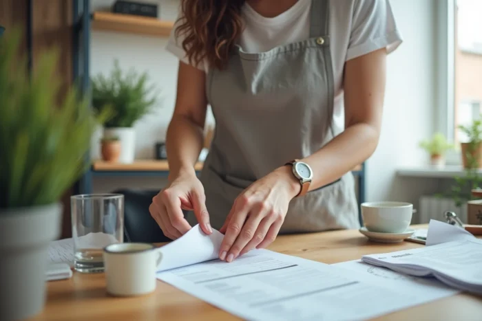 Femme décollant délicatement le plastique d'un document laminé sur un bureau en bois avec un verre d'eau chaud