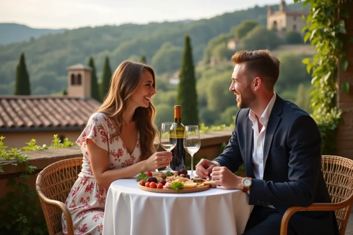 Couple en voyage de noces dégustant un repas romantique sur une terrasse en Toscane avec vue sur la campagne italienne
