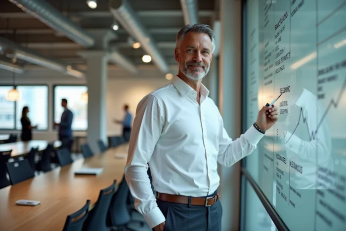 Dirigeant d'entreprise présentant des projections financières et investissements sur un tableau blanc dans un espace de travail moderne