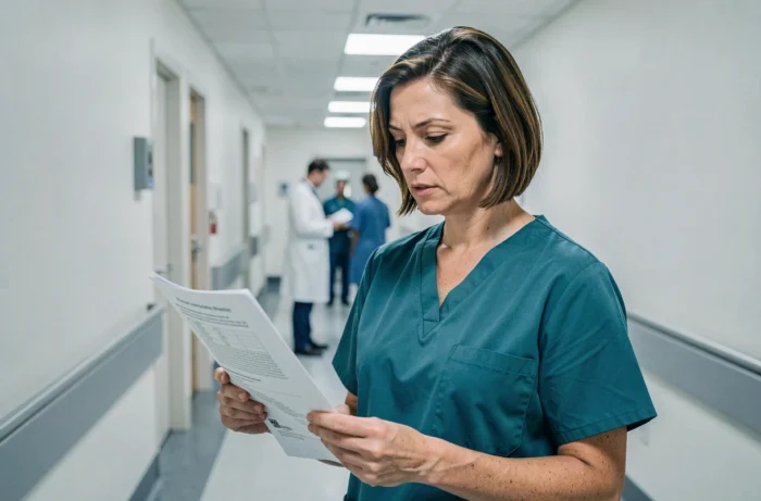 Médecin femme consultant un document médical sur un traitement hépatique en milieu hospitalier