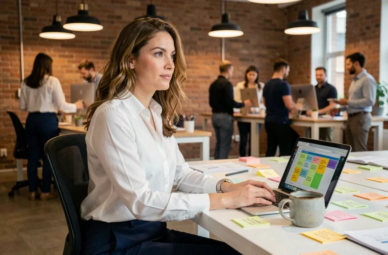 Jeune femme professionnelle travaillant dans un bureau de startup moderne avec murs en briques apparentes