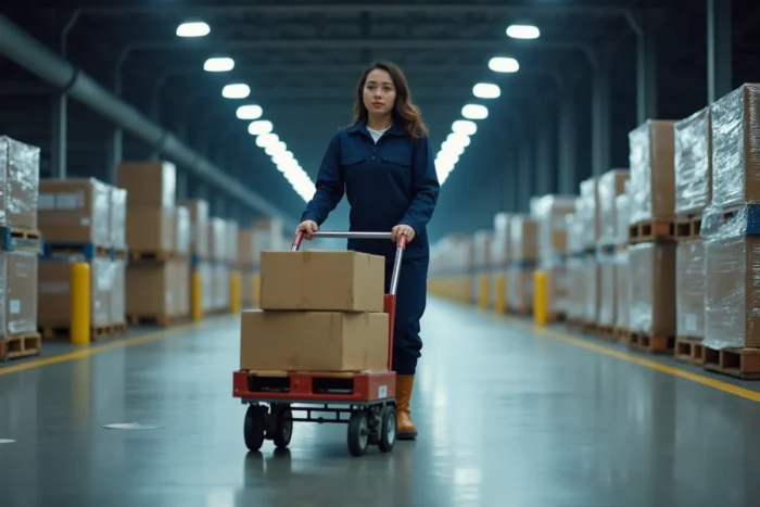 Employée Amazon en poste de nuit poussant un chariot de colis dans un couloir d'entrepôt logistique