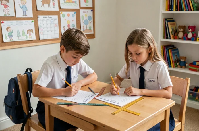 Deux enfants faisant leurs devoirs ensemble dans leur chambre, organisation scolaire à la maison