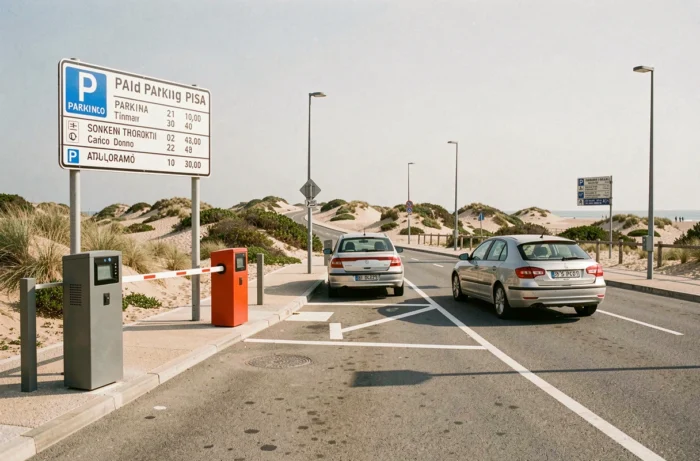 Entrée d'un parking payant avec barrière automatique et signalétique italienne près d'une plage de Pise en été