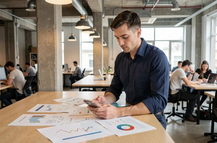 Jeune entrepreneur analysant les performances de son business en ligne dans un espace de coworking moderne