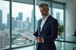 Entrepreneur en costume marine consultant des documents financiers dans un bureau exécutif moderne avec vue sur la ville