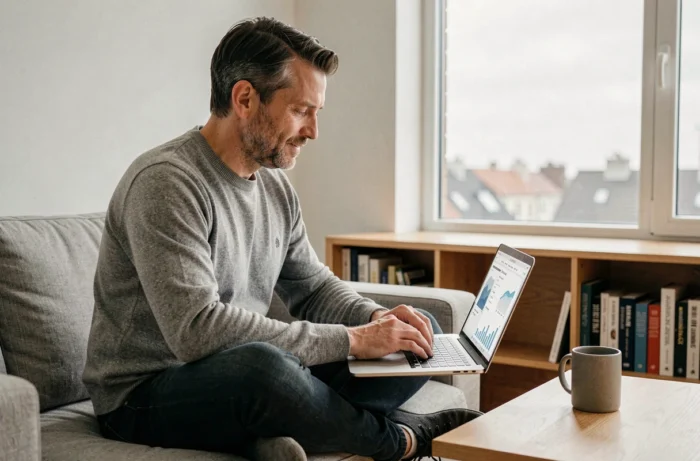 Entrepreneur travaillant depuis chez lui sur une campagne de marketing digital avec un ordinateur portable