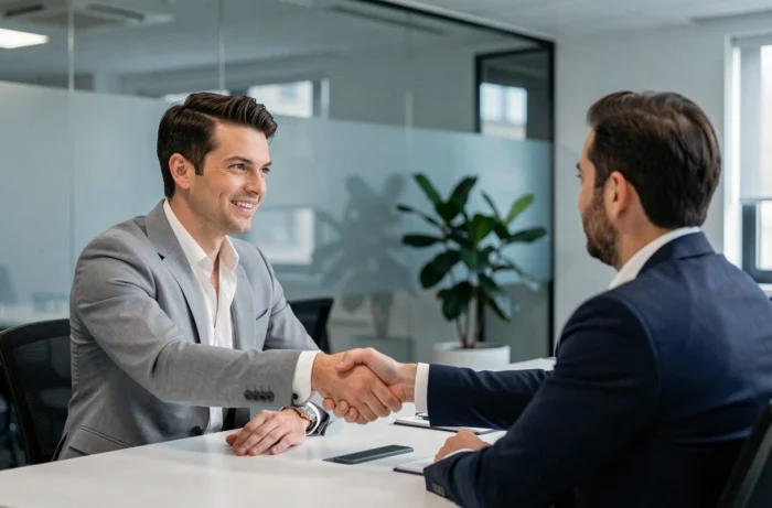 Homme en costume gris serrant la main d'un recruteur lors d'un entretien d'embauche dans un bureau moderne