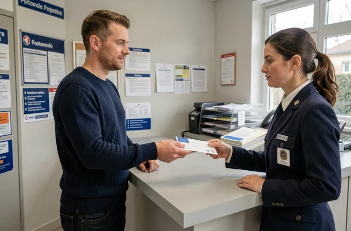 Locataire envoyant sa lettre de résiliation de bail en recommandé au guichet d'un bureau de poste