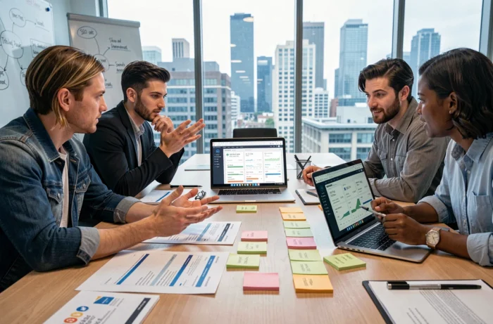 Une équipe de professionnels du marketing digital collabore autour d'un audit SEO avec des rapports imprimés et un logiciel d'analyse de site dans une agence moderne