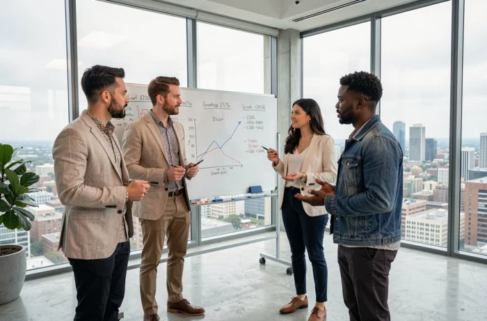 Équipe multiculturelle de startup en réunion de travail devant un tableau blanc avec graphiques de croissance