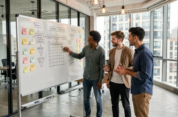 Équipe de professionnels collaborant autour d'un tableau blanc pour élaborer une stratégie de marketing digital