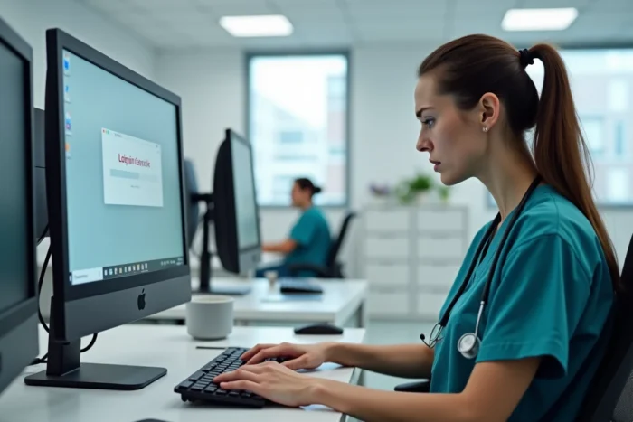 Infirmière en blouse médicale face à un message d'erreur de connexion sur un ordinateur de bureau dans un bureau hospitalier AP-HP