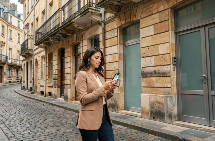 Jeune femme consultant une application d'estimation de loyer devant un immeuble en pierre du quartier Croix-Rousse à Lyon