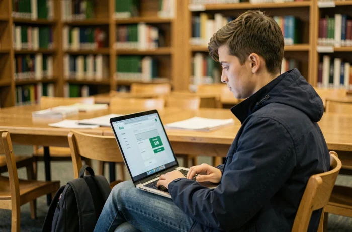 Étudiant en terminale consultant les tarifs et les modalités d'inscription au CNED depuis une bibliothèque publique