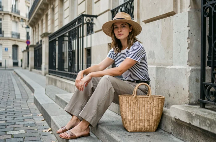 Femme portant des accessoires de mode tendance printemps-été dans un cadre parisien, chapeau en paille et sac en raphia
