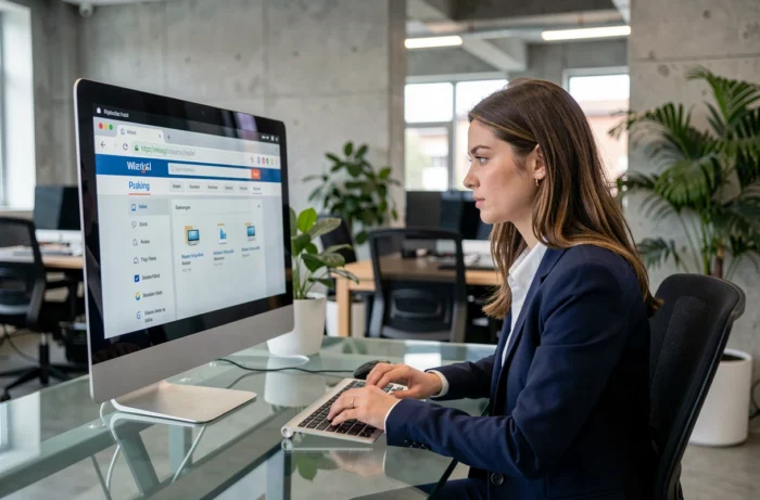 Femme consultant les nouvelles adresses de sites de téléchargement sur un écran dans un espace de coworking