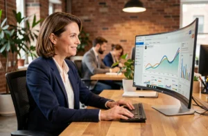 Femme professionnelle analysant des données de marketing digital sur un grand écran dans un bureau moderne