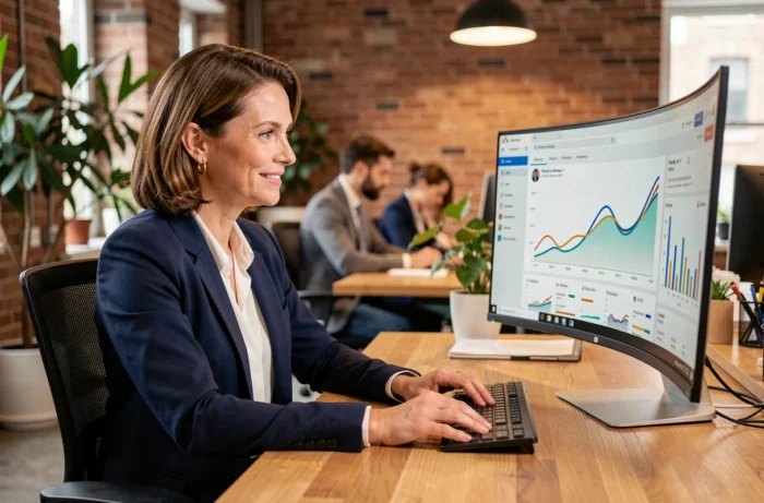 Femme professionnelle analysant des données de marketing digital sur un grand écran dans un bureau moderne