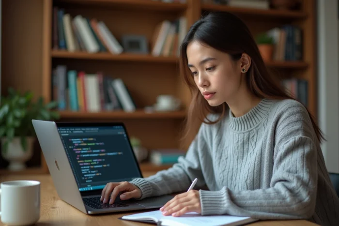 Jeune femme apprenant les requêtes SQL sur Microsoft Access dans un bureau à domicile, avec un cahier de notes et un ordinateur portable ouvert