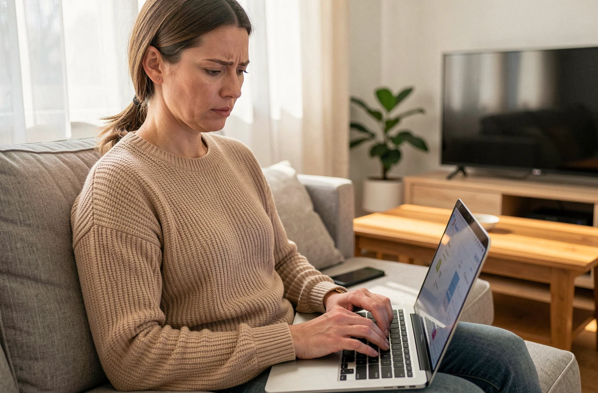 Femme consultant son espace bancaire en ligne sur ordinateur portable pour comprendre un délai de virement La Banque Postale
