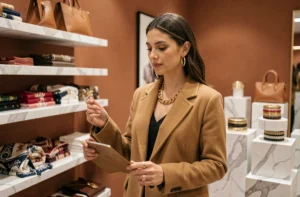 Femme élégante dans une boutique tendance choisissant des accessoires de mode comme colliers dorés et sacs en cuir