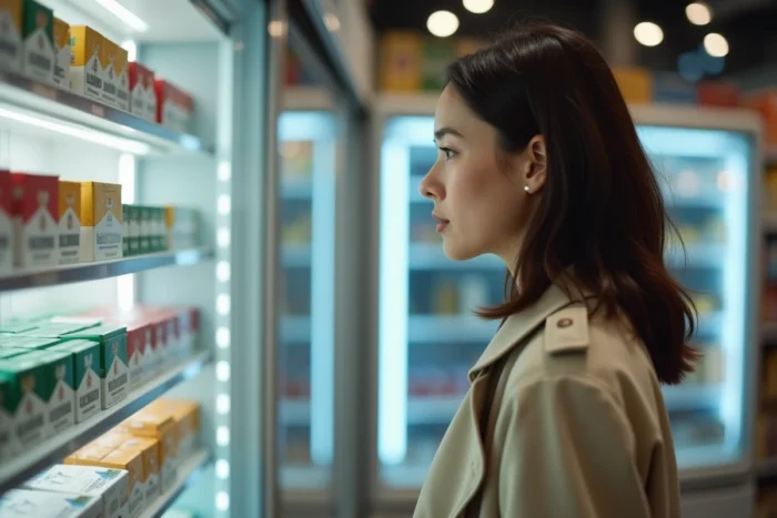 Femme en train de choisir des cigarettes devant un présentoir dans une épicerie moderne en Europe