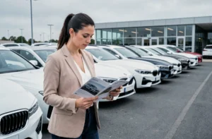Femme comparant des brochures de voitures récentes dans un parking de concessionnaire automobile moderne