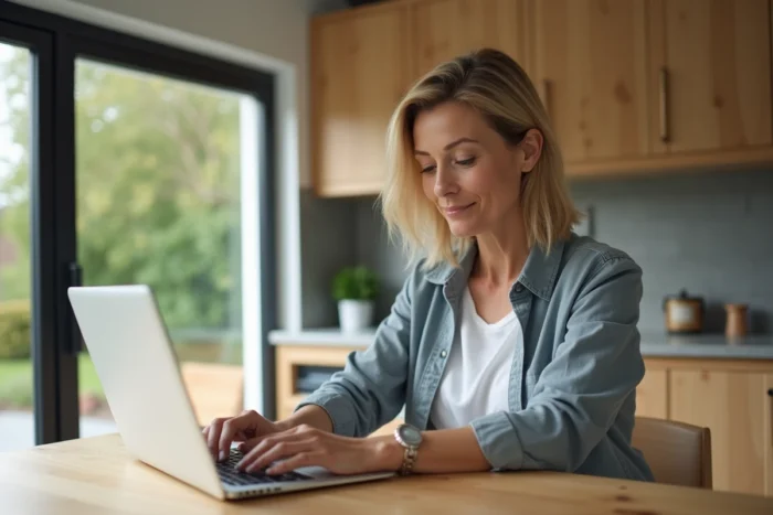 Femme consultant des avis clients sur son ordinateur portable dans une cuisine neuve moderne en 2026