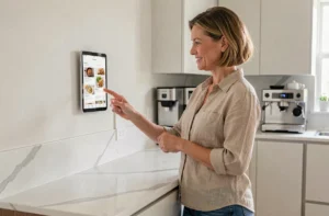 Femme utilisant une tablette connectée dans une cuisine moderne et intelligente