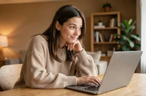 Jeune femme fascinée devant son ordinateur portant en découvrant un phénomène viral sur internet depuis chez elle