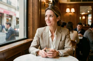 Femme élégante dans la quarantaine attablée seule dans un café parisien, tenant une tasse d'espresso, regard pensif vers la fenêtre, ambiance intimiste et privée