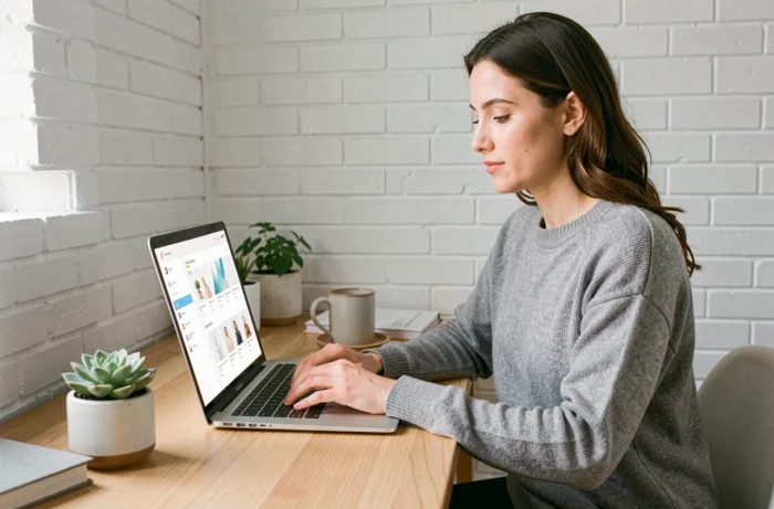 Femme entrepreneur travaillant sur son business en ligne depuis un bureau à domicile moderne et épuré
