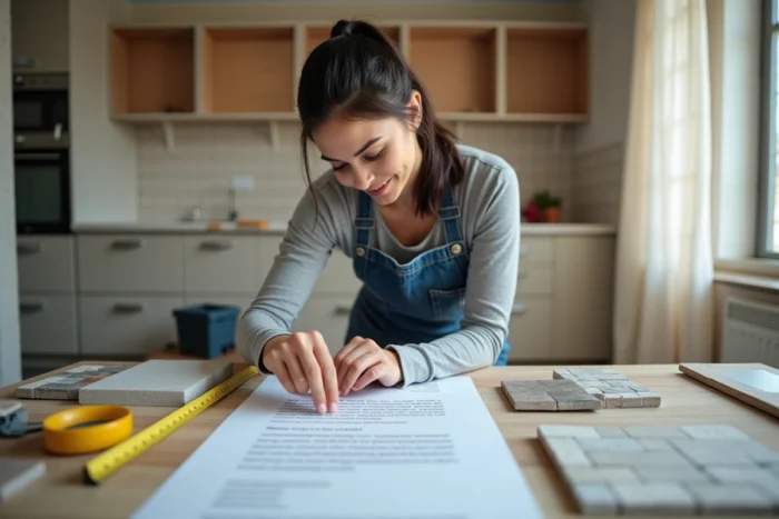 Femme comparant des conseils de forum de bricolage imprimés lors d'une rénovation de cuisine