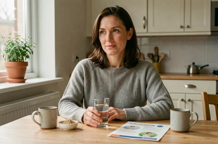 Femme prenant des granules homéopathiques chez elle pour soulager les effets secondaires après la vaccination Covid