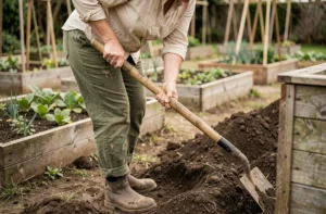 Femme utilisant une grelinette dans un potager au printemps pour aérer la terre sans la retourner