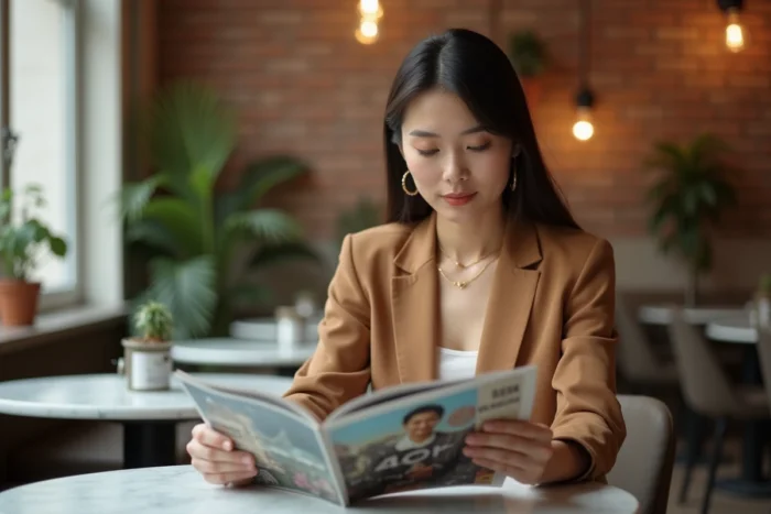 Femme élégante feuilletant un magazine lifestyle dans un café parisien moderne avec décoration en marbre et briques apparentes