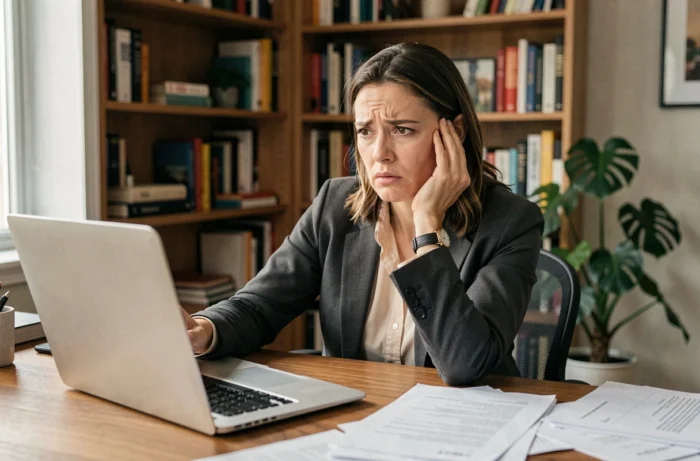 Femme dépitée face à son ordinateur portable, symbolisant la mauvaise surprise financière de se prendre une douille